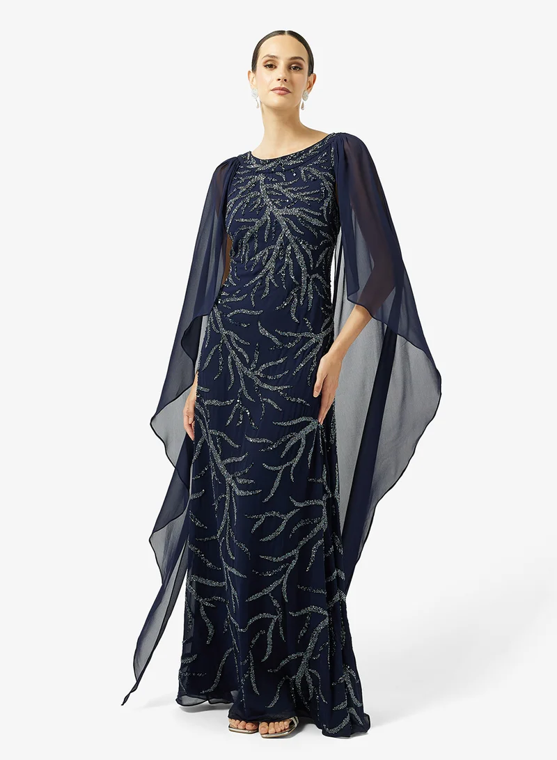 Bead Embellished Evening Gown with Cape Sleeves